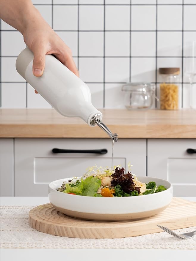 famiware Milkyway 16oz Ceramic Olive Oil Dispenser Bottle, 1 Piece Oil Dispenser for Kitchen with Stainless Steel Pourers, Suitable for Storage Vinegar, Soy Sauce, Coffee Syrup, Liquids, White-Ruum Studio Home