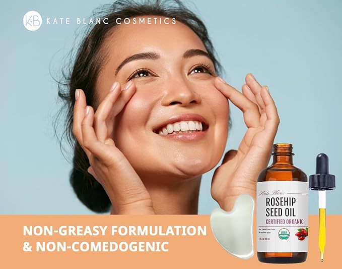 Kate Blanc Cosmetics Rosehip Oil for Face with Stainless Gua Sha (1oz, Organic, Pure, Cold Pressed) Rosehip Seed Face Oil for Gua Sha Massage-Ruum Studio Home