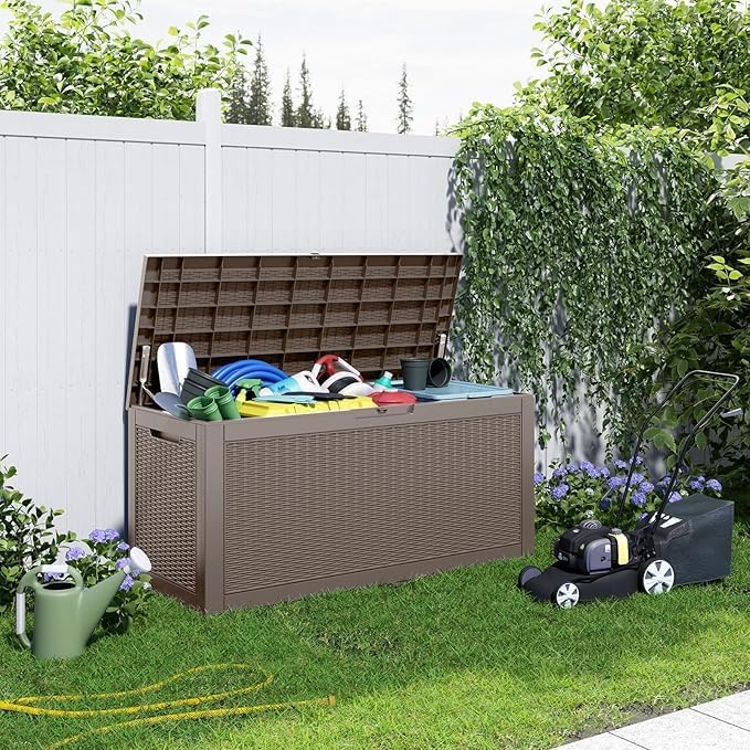 100 Gallon Deck Box Large Outdoor Storage for Patio Furniture,Outdoor Cushions,Garden Tools and Pool Supplies,Waterproof,Resin,Lockable(Grey)-Ruum Studio Home