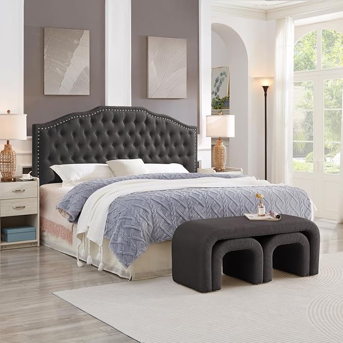 24KF Upholstered Button Tufted King Size Headboard with Nailhead Trim, Elegant Boucle Fabric California King headboard, 6031-K-Boucle-Dark Gray-Ruum Studio Home