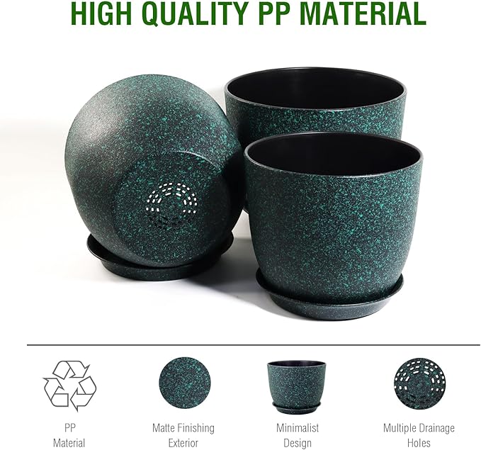 Plant Pots 10/9/8 inch, Set of 3 Modern Decorative Plastic Planters with Drainage Holes and Saucers for Garden House Plants, Flower Pots for Indoor Outdoor Plants, Black with Green Speckles-Ruum Studio Home