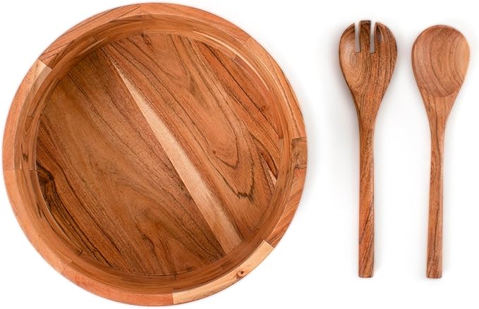 Luxe Designs 12" Wooden Salad Bowl Set with Serving Utensils Eco-Friendly, Multipurpose Mixing & Serving Bowl for Salads, Pasta, Fruits & More – Durable & Stylish Kitchen Essential-Ruum Studio Home