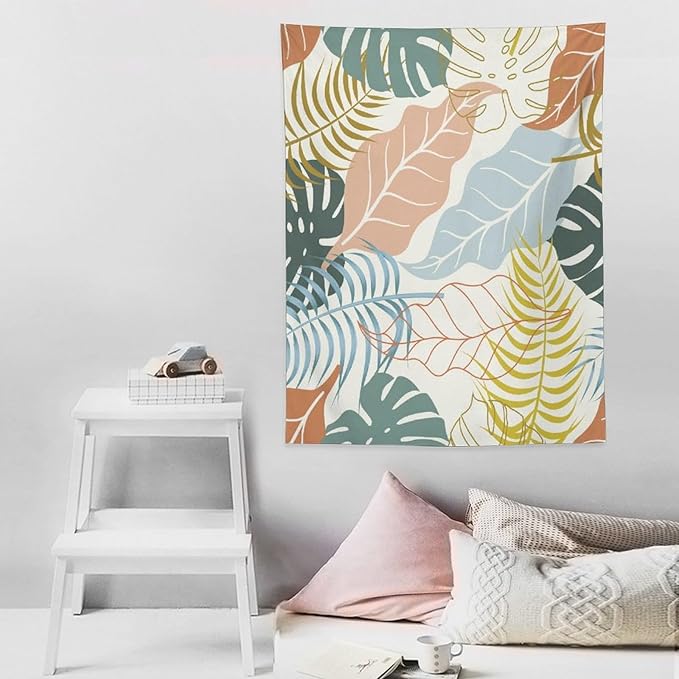 ICMOLYYENLO Boho Green Leaves Tapestry, Mid Century Abstract Tropical Palm Leaves Modern Minimalist Geometric Wall Hanging, Neutral Home Decor Art for Living Room Bedroom Dorm 50x60 Inch-Ruum Studio Home