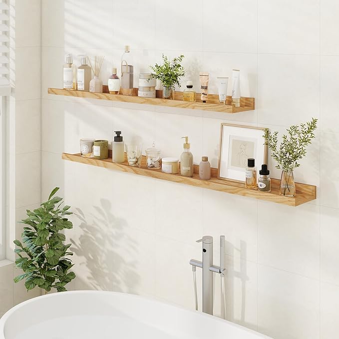 Floating Picture Ledge Shelves 55 Inch Solid Oak Wood Set of 2, Rustic Wall Storage Shelves with Lip, Kids Bookshelf, Photo & Picture Ledge Shelves for Bedroom, Living Room, Kitchen-Ruum Studio Home