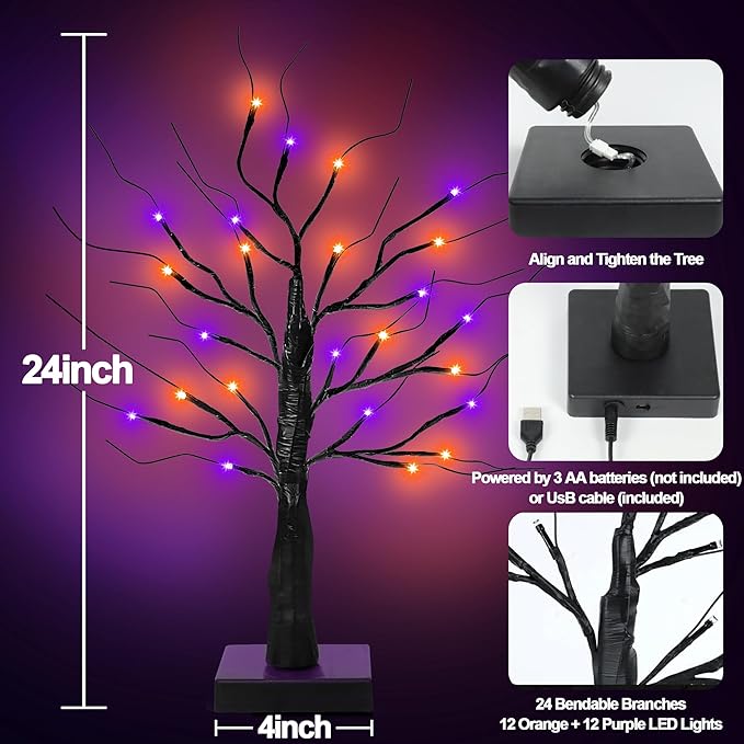 [Timer] 2 Pack 24 Inch Black Halloween Tree with Orange Purple Lights, USB/Battery Operated Light Up Halloween Table Decorations, Spooky Halloween Decorations Indoor Home Mantle Room Party Decor-Ruum Studio Home