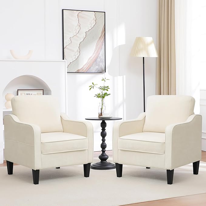 Accent Chairs Set of 2, Upholstered Living Room Chairs with Side Pockets, Mid Century Modern Reading Chair for Bedroom, Comfy Armchair Single Sofa Side Chair for Office, Small Room, Beige-Ruum Studio Home