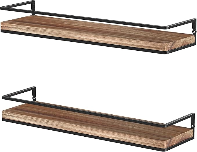 Meangood Floating Shelves Wall Mounted Set of 2, Rustic Wood Wall Storage Shelves for Bedroom,Living Room,Bathroom, Kitchen Torched Wood-Ruum Studio Home