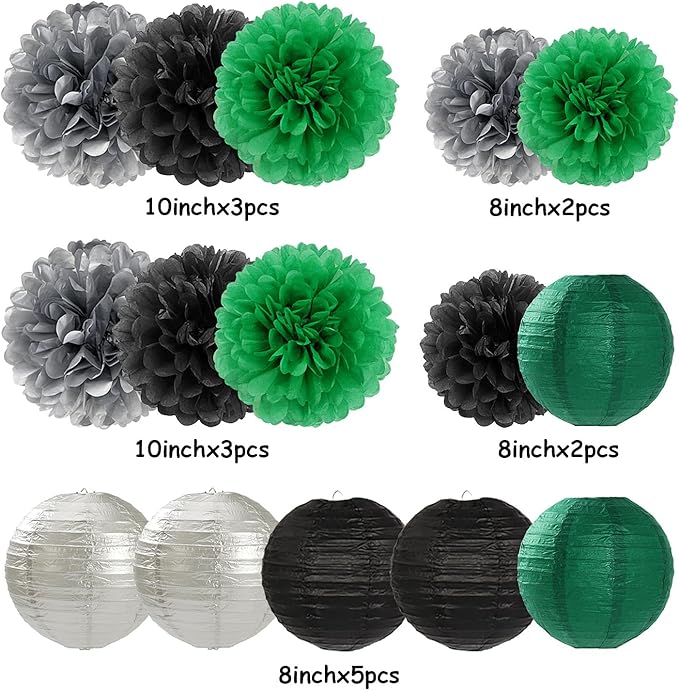 Green-Black Silver Party-Decorations Paper Flowers Lanterns - 15PCS Football Game Day Birthday Tissue Pom Poms Streamers, Bachelorette New Years Hanging Supplies Decor Hugfond-Ruum Studio Home