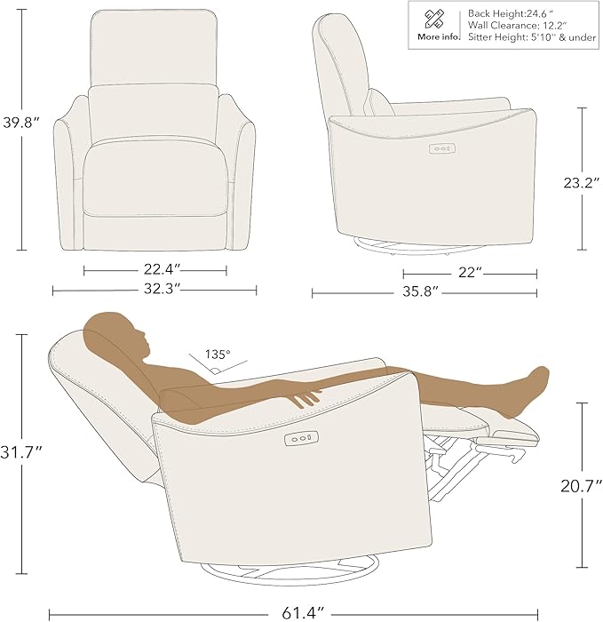 CHITA Power Recliner Chair Swivel Glider, FSC Certified Upholstered Faux Leather Living Room Nursery Reclining Sofa Chair with Lumbar Support, White-Ruum Studio Home