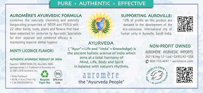 Auromere Ayurvedic Herbal Toothpaste, Classic Licorice Flavor - Vegan, Natural, Non GMO, Fluoride Free, Gluten Free, with Neem & Peelu (4.16 oz), 4 Pack-Ruum Studio Home