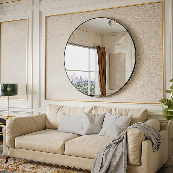 BEAUTYPEAK 42 Inch Round Mirror, Metal Frame Circle Mirror, Wall Mounted for Entryway, Bathroom, Vanity, Living Room, Black-Ruum Studio Home