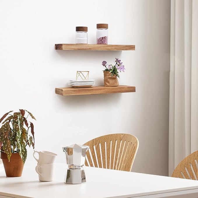 Fun Memories European Pine Floating Shelves for Wall, Mounted Shelf for Decor Storage Set of 2 - Natural Rustic Wooden Wall Shelf for Kitchen Bathroom Living Room Bedroom Farmhouse - Carbonized-Ruum Studio Home