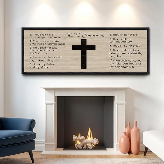 Ten Commandments Rustic Bible Verse Framed Wall Art 40" x 15" Black Religious Christian Slogan Representing God Jesus Christ Prayer Vintage Holy Inspirational Catholic Scripture Decor-Ruum Studio Home