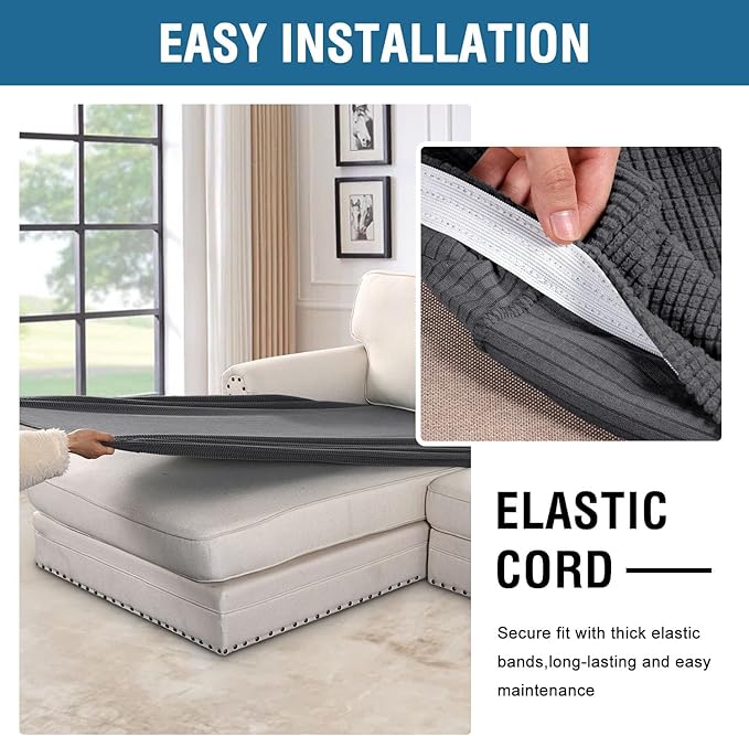 H.VERSAILTEX Super Stretch Individual Chaise Cover Sectional Couch Covers for L Shaped Sofa Both Left/Right Featuring Thick Jacquard Textured Twill Fabric (1 Piece Chaise Cover Large, Grey)-Ruum Studio Home