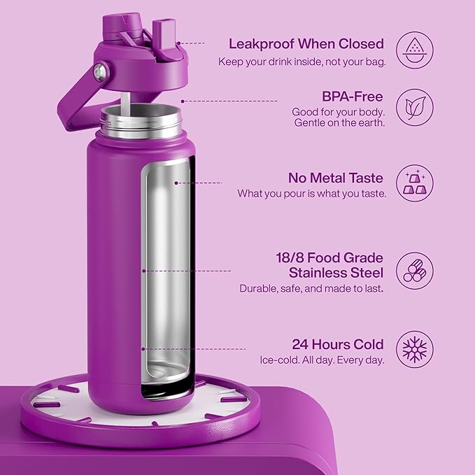 Insulated Water Bottle with Straw Stainless Steel Water Bottle, Leak-Proof, BPA-Free, Double Wall Vacuum Keeps Cold for 24 Hours for Sports, Travel, School (32 oz, Bright Magenta)-Ruum Studio Home
