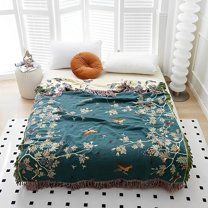 Snycler Boho Throw Blanket for Bed - 100% Cotton Ultra Soft Rustic Quilt Blanket Green Floral Bird Printed Farmhouse Decor Bed Blankets, 80"×90" All Season Rustic Throw for Sofa Chair Couch-Ruum Studio Home