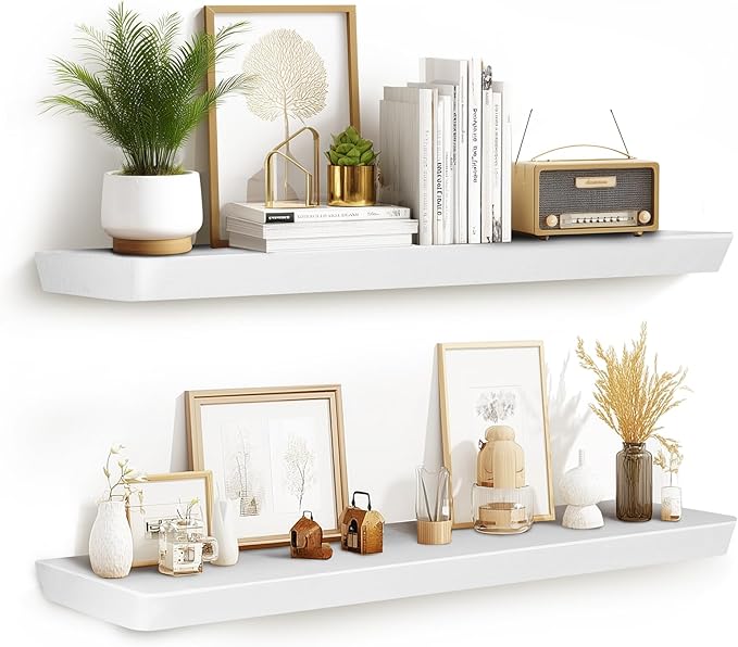 36"x6.8"x1.6" Slanted Floating Wall Shelves 2-Pack - Rustic White Finish, Heavy-Duty Solid Wood Design with Hidden Brackets - Perfect for Living Room, Kitchen, Bathroom, or Office-Ruum Studio Home