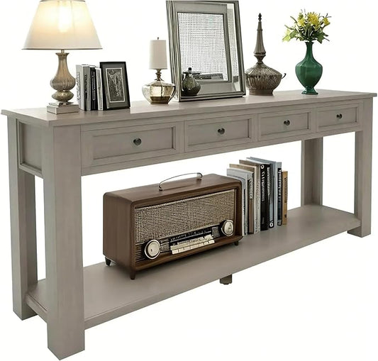 Solid Wood Console Table,Long Sofa Table Entryway Table with 4 Drawers and Bottom Shelf for Hallway Living Room Couch Table,Fully Assembled (63" Gray Wash)-Ruum Studio Home