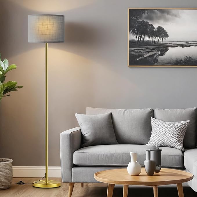Ambimall 60'' Modern Floor Lamp with Shade, Tall Lamps for Living Room, Bedroom, Office, Dining Room, Linen Grey Shade with Brushed Gold Pole(Without Bulb)-Ruum Studio Home