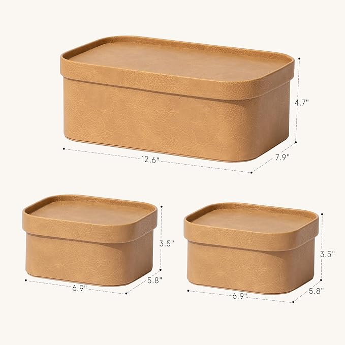 La Jolie Maison Vegan Leather Storage Boxes with Lids, Set of 3 Decorative Storage Containers Organize Stackable Storage Box, Camel-Ruum Studio Home