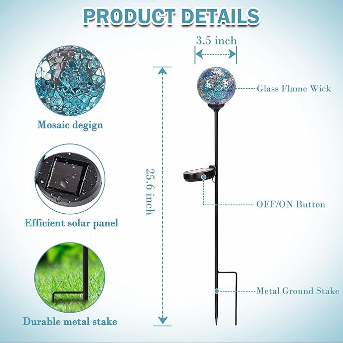 Solar Garden Lights Outdoor Decorative - Solar Gazing Ball Mosaic Garden Stakes Decorative Waterproof Outdoor Lights for Pathway Yard Lawn Decoration Blue-Ruum Studio Home
