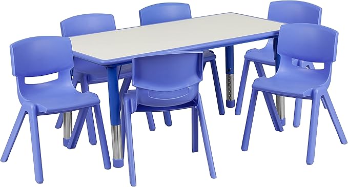 Flash Furniture Emmy Adjustable Classroom Activity Table with 6 Stackable Chairs, Plastic Activity Table for Kids, 23.625" W x 47.25" L, Blue/Gray-Ruum Studio Home