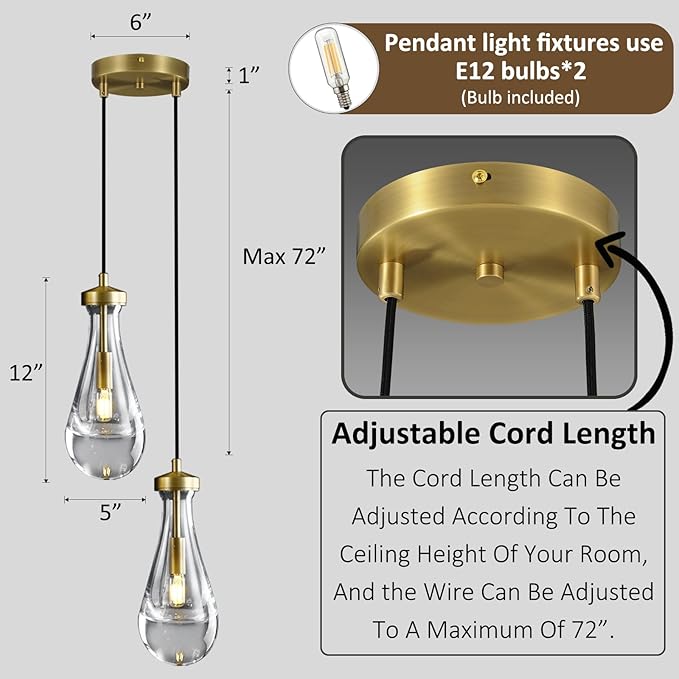 Brass Raindrop Pendant Lights Kitchen Island 2-Light, Cluster Gold Pendant Light Fixture for Bedroom, Dimmable Dining Room Light Fixture Hanging Pendant Lighting Ceiling Chandelier for Foyer-Ruum Studio Home