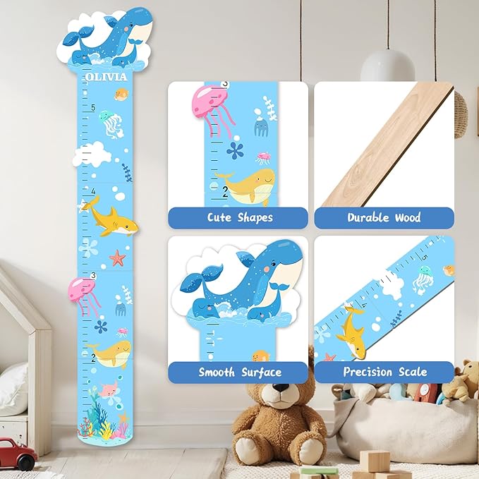 Personalized Name Growth Chart, Marine Animals Wooden Growth Chart for Kids, Height Chart for Boys Girls, Measuring Board for Kids Height for Child's Room, Nursery Decor Decoration-Ruum Studio Home