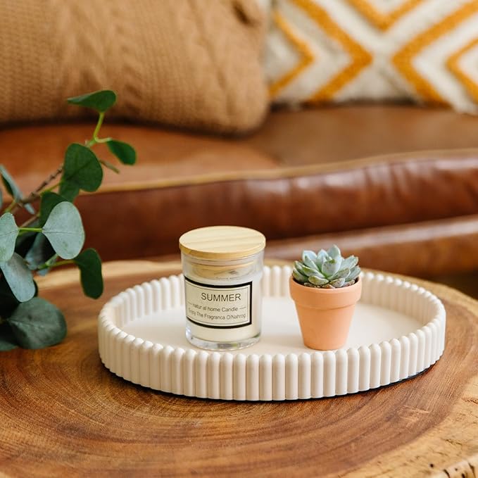 11.8in Decorative Tray for Coffee Table Decor- Modern Oval Concrete Tray for Home Decor- Minimalist Handcrafted Centerpieces Tray for Living Room, Kitchen Dining Table, Entryway (Beige)-Ruum Studio Home