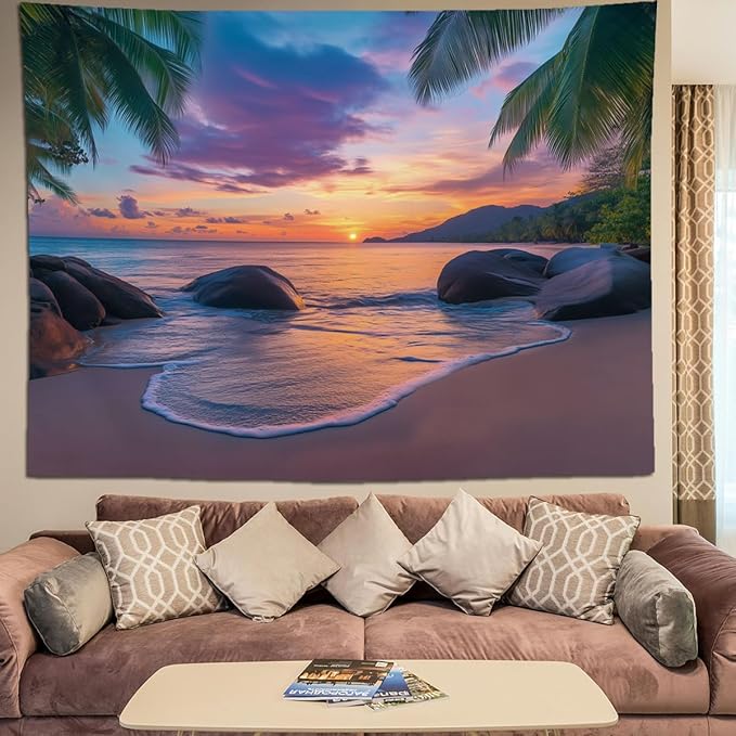keowhsf Beach Sunset Ocean Tapestry – Tropical Palm Trees Wall Decor with Warm Orange Sky, Summer Seaside Landscape Wall Hanging for Bedroom Living Room Dorm-Ruum Studio Home
