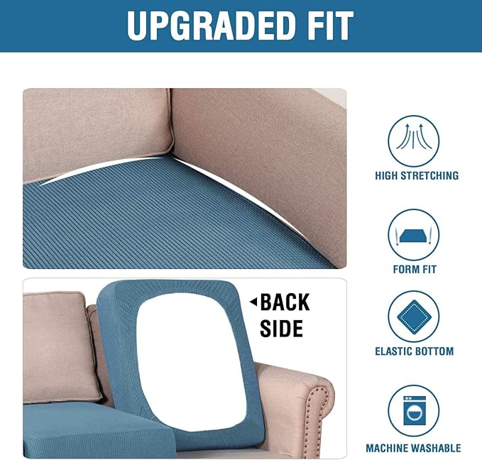 H.VERSAILTEX Super Stretch Individual Seat Cushion Covers - Sofa & Couch Cushion Slipcover Sets - Thick Jacquard Textured Twill Fabric (3 Piece XL Sofa Cushion Covers, Dusty Blue)-Ruum Studio Home