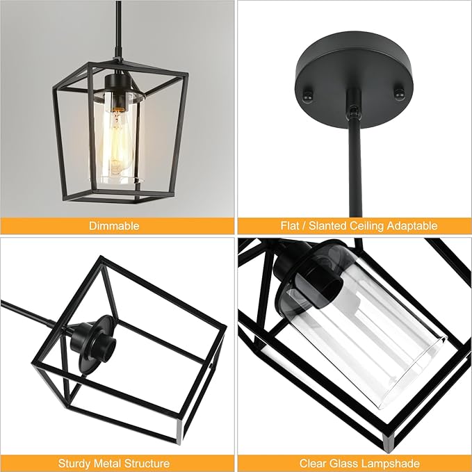 2 Pack 1-Light Black Pendant Lights for Kitchen Island, Farmhouse Metal Pendant Light Iron Cage Hanging Light Fixtures with Clear Glass Shade for Dining Room, Entryway, Hallway, Foyer-Ruum Studio Home