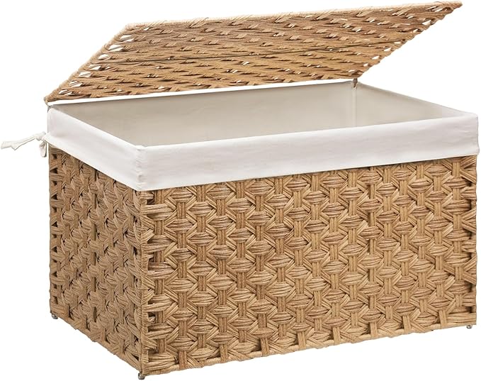 Wicker Storage Basket with Lid, 27.7 Gallon (105L) Large Blanket Basket with Lid, Woven Storage Bin with Handles, Removable Liner, Metal Frame, Foldable, for Bedroom, Laundry Room, Natural-Ruum Studio Home