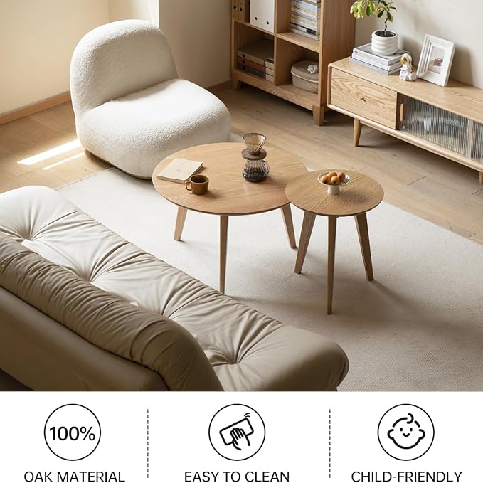 100% Solid Oak Wood Mini Coffee Table, Round Living Room Table Side Table w/Solid Wood Legs, Walnut Mid Century Sturdy Tables for Bedroom Balcony Living Room (23.62" D x 13.78" H)-Ruum Studio Home