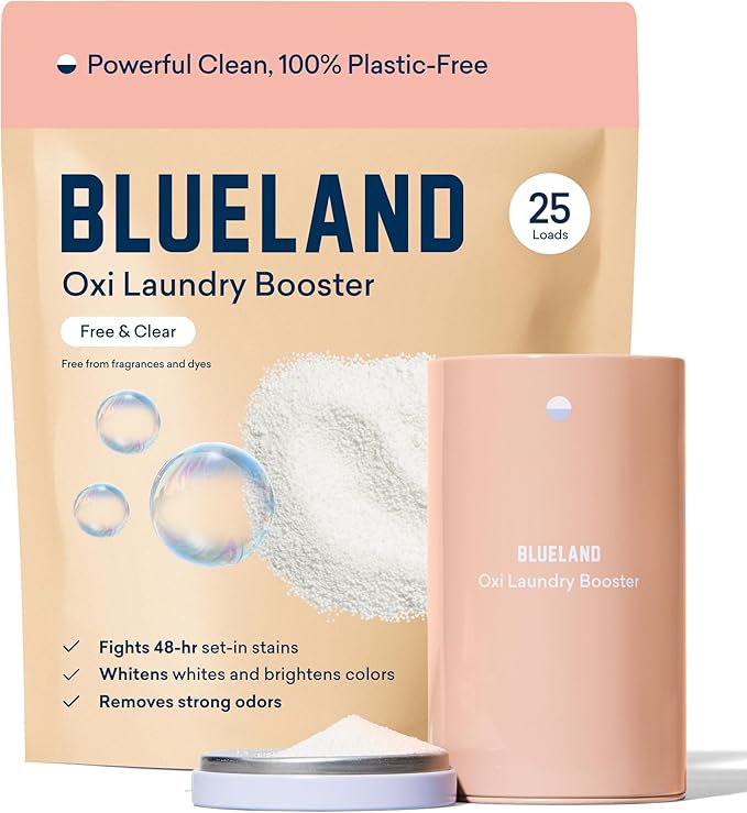 BLUELAND Oxi Laundry Booster Powder with Tin, Starter Set, Fragrance Free & Clear, 25 Loads, 17.6 oz, Plastic-Free, Eco Friendly, Oxy Cleaner, Stain Remover-Ruum Studio Home