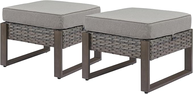 Outdoor Ottoman Wicker Patio Footrest - 2 Piece Wicker Footrest Footstools Set with Sturdy Frame,All-Weather PE Wicker, Thick Cushions for Deck Porch Garden(Mixed Grey/Grey)-Ruum Studio Home