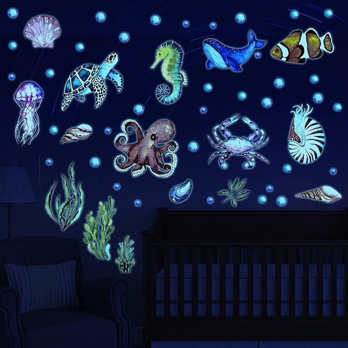 52 Pcs Ocean Fish Wall Decals Glow in The Dark Under The Sea Wall Decals Sea Animals Stickers Removable Waterproof Peel and Stick for Kids Bathroom Watercolor Ocean Decor(Funny Style)-Ruum Studio Home