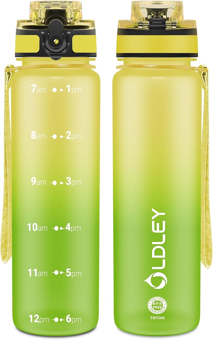 OLDLEY 32 oz Water Bottle, Motivational Water Bottle with Time Marker, Sports Water Bottle With Strap, Leakproof & BPA Free Large Water Bottles for School, Gym, Travel, Outdoor, Tritan,Yellow&Green-Ruum Studio Home