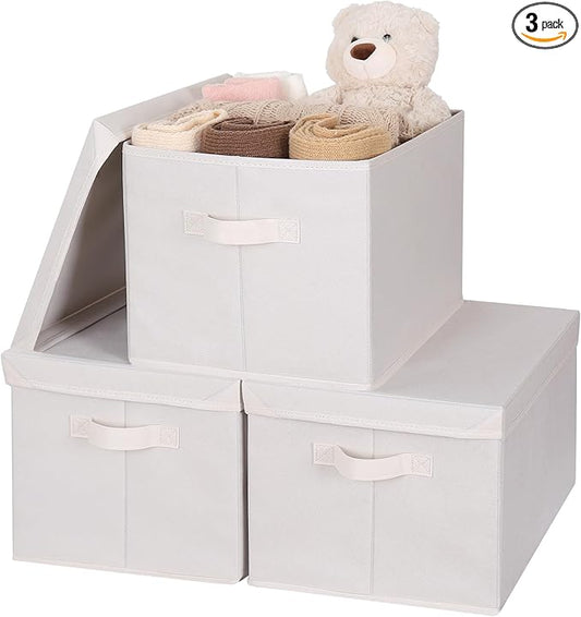 WUIKE Closet Storage Bin with Lids, Decorative Fabric Storage Bins for Clothes, Collapsible Storage Boxes for Home and Closet Organization, Beige, Extra Large, 3-Pack-Ruum Studio Home
