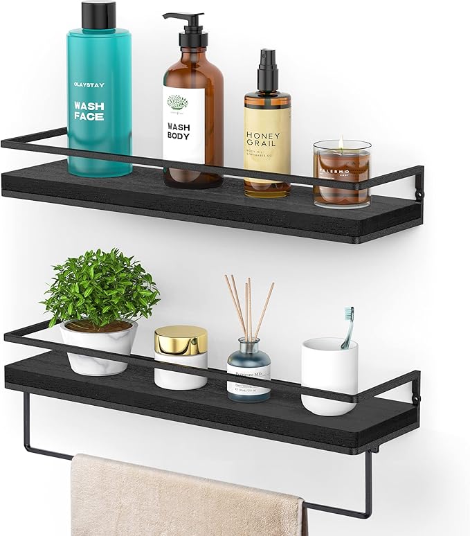 Meangood Floating Shelves Wall Mounted Set of 2, Wall Shelf with Towel Bar Rustic Wood Wall Storage Shelves for Bedroom,Living Room,Bathroom, Kitchen Black-Ruum Studio Home