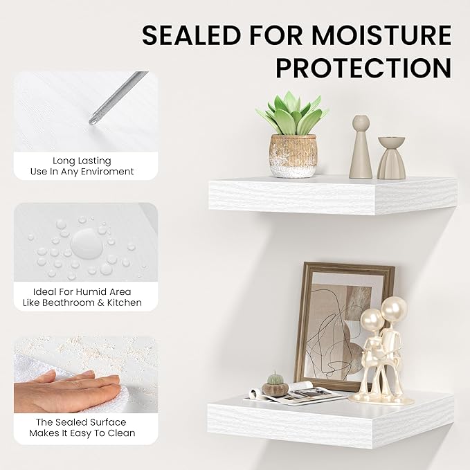 Square Floating Shelves for Wall, 8" W x 8" D x 1.2" H, Small Wooden Wall Mounted Display Shelves with Invisible Brackets for Living Room, Bedroom, Bathroom, Kitchen Decor, Set of 4, White-Ruum Studio Home