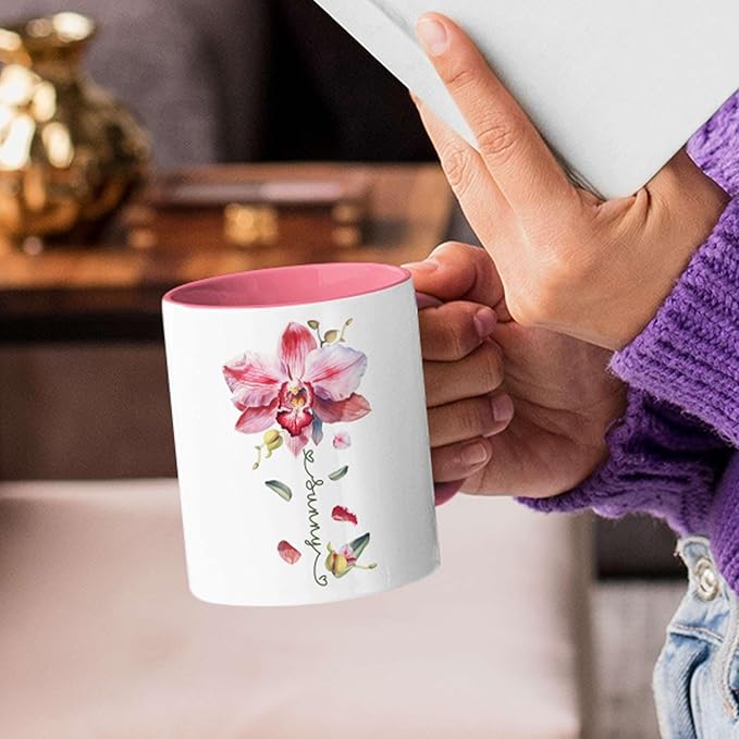 Novelty Coffee Cup With Orchid Design, Personalized Name Flower Accent Mug, Custom Orchid Flower Ceramic Cup 11oz 15oz, Customized Flower Lover Mug, Gift For Family Member-Ruum Studio Home