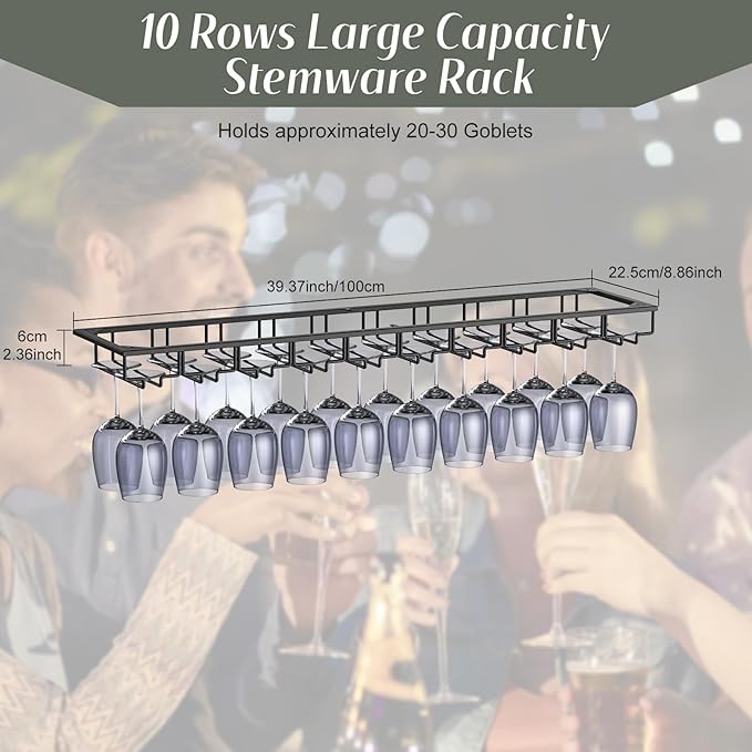 Xverycan Wine Glass Rack Under Cabinet, 10 Row Extreme Large Stemware Hanger, Metal Wine Goblet Holder, DIY Bar Glass Storage Rack for Bar Counter, Kitchen, Screws Included-Ruum Studio Home