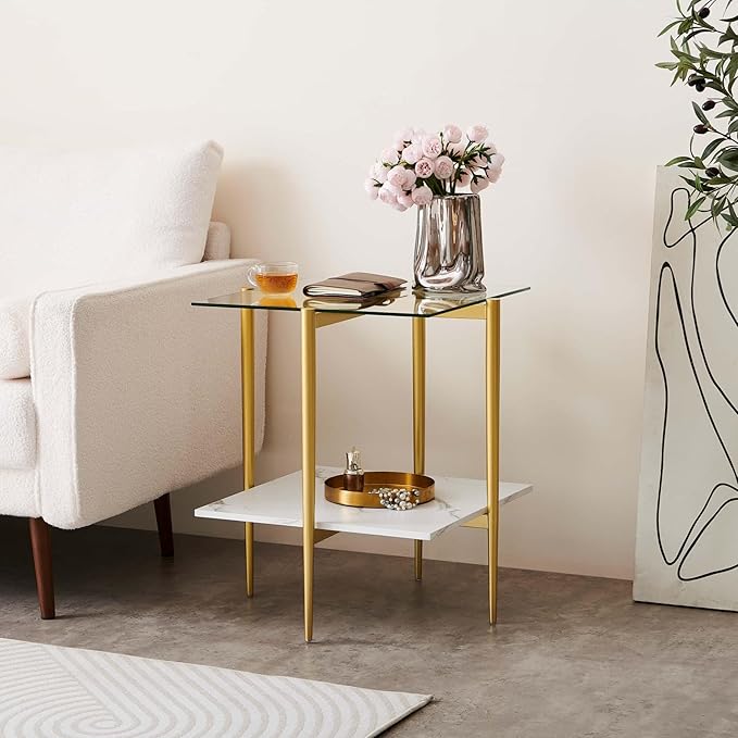 Square Glass End Table, Mid-Century Modern Design Sofa Table, for Living Room, L18 x W18 x H23, Clear Glass Top and White Marble MDF Shelf, Sleek Conical Metal Legs with Gold Finish-Ruum Studio Home