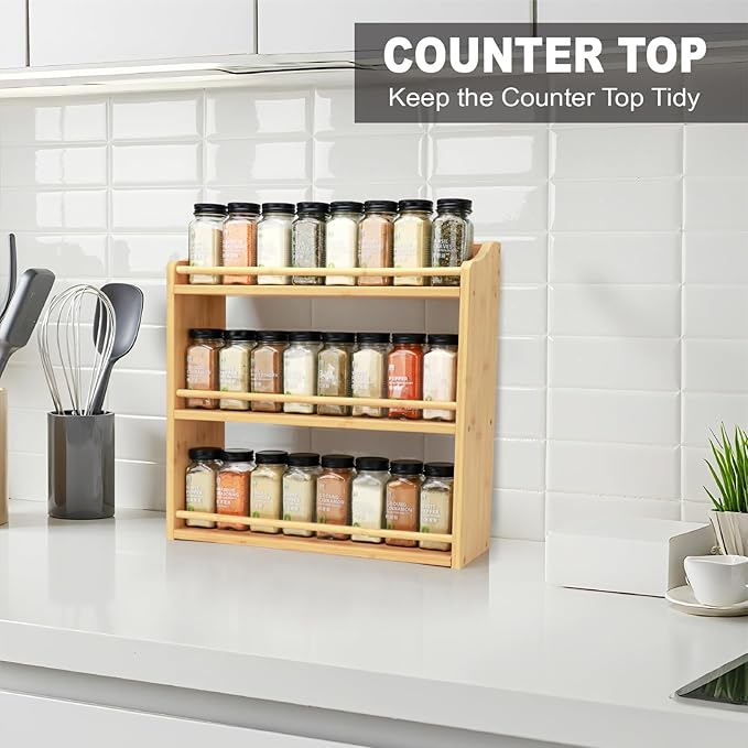 3 Tier Bamboo Spice Rack, Spice Rack Organizer, Seasoning Jars Rack Shelf Spice Organizer for Kitchen Counter or Wall Mounting, Bamboo Spice Storage Holder-Ruum Studio Home