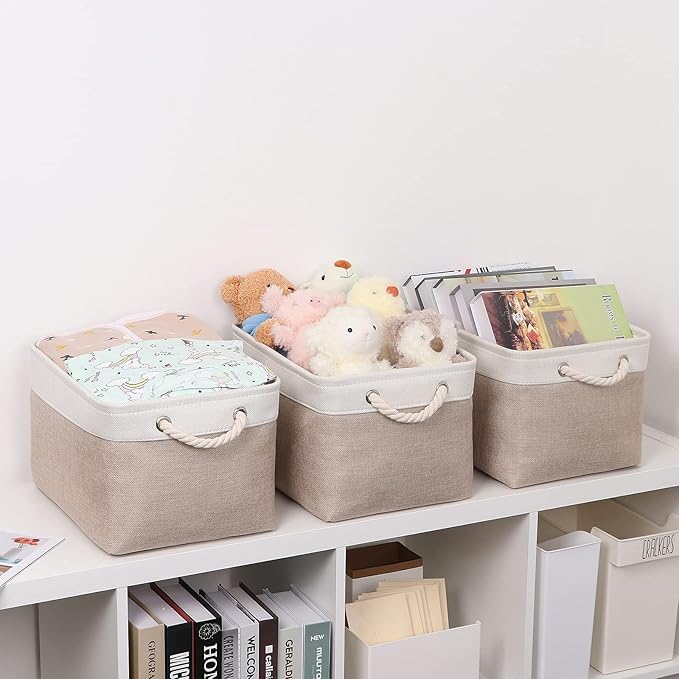 Bidtakay Large Fabric Baskets with Handles [3-Pack] Collapsible Storage Basket for Shelves 15 X 11 X 9.5 inches Canvas Bins for Closet Organization (White&Beige)-Ruum Studio Home
