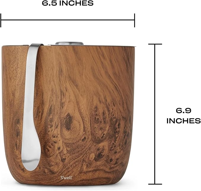 S’well Stainless Steel Ice Bucket with Tongs, 68oz Capacity, Teakwood Finish, Triple-Layer Vacuum Insulated to Keep Ice Colder Longer, BPA-Free Barware-Ruum Studio Home