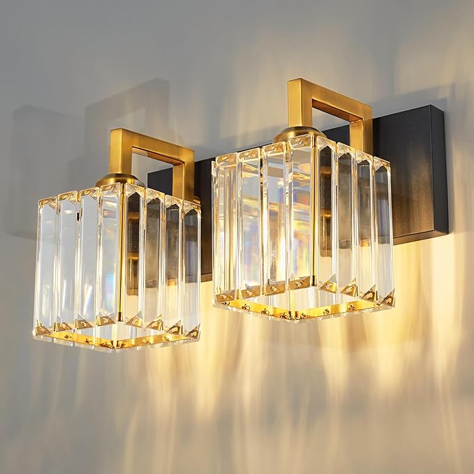 Modern Bathroom Vanity Light 2-Lights Black Gold Crystal Wall Lamp Bathroom Modern Crystal Vanity Lighting-Ruum Studio Home