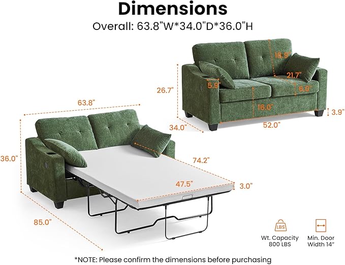 CHIC HOUSE Pull Out Sofa Bed, Full Size Sleeper Sofa, 2-in-1 Convertible Chenille Couch with USB Charging, Memory Form Couch for Living Room, Apartment & Small Space (Green, Chenille - Full)-Ruum Studio Home