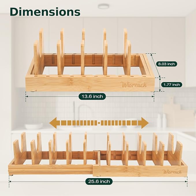 Bamboo Pot Lid Organizer, Adjustable Kitchen Organizer for Cabinet, Expandable Pot and Pan Storage Rack, Kitchen Organization for Lids, Bakeware, and Cutting Boards-Ruum Studio Home
